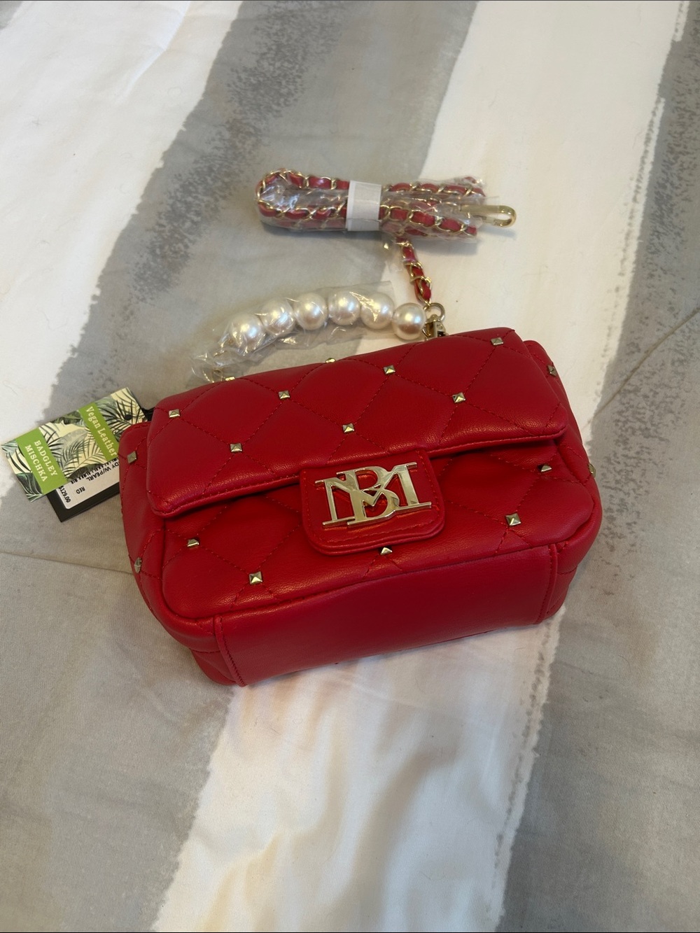 Badgley Mischka Red Quilted Mini Crossbody with Gold Accents